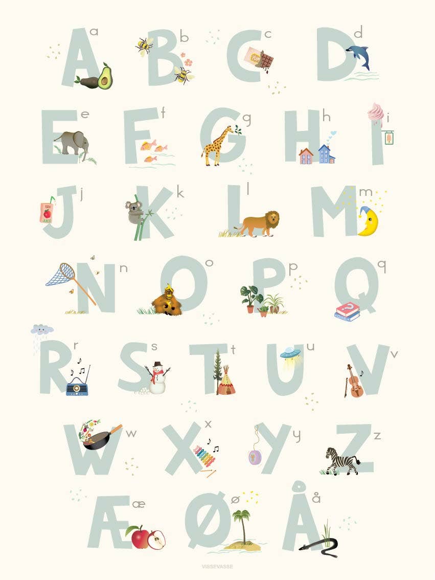 Alphabet, blue Danish - poster: 30x40 cm