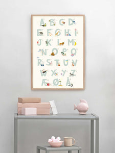 Alphabet, blue Danish - poster: 30x40 cm